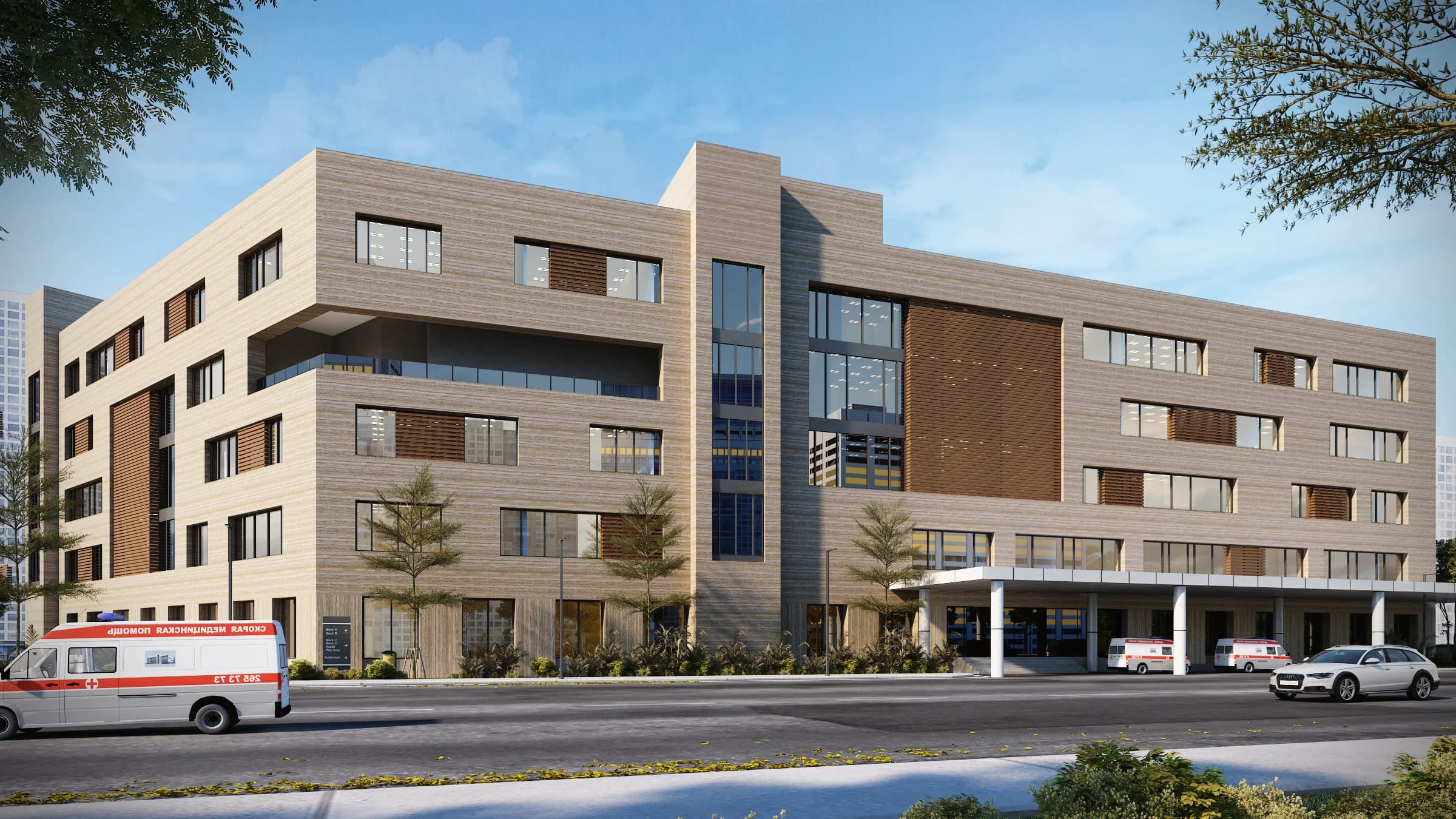 Multi-Specialty Hospital — Exterior Architectural Rendering